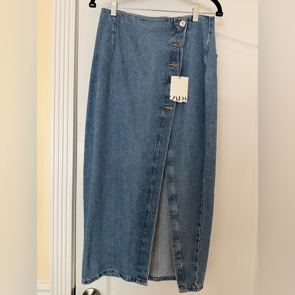 Zara Light Blue Denim Wrap Midi Skirt